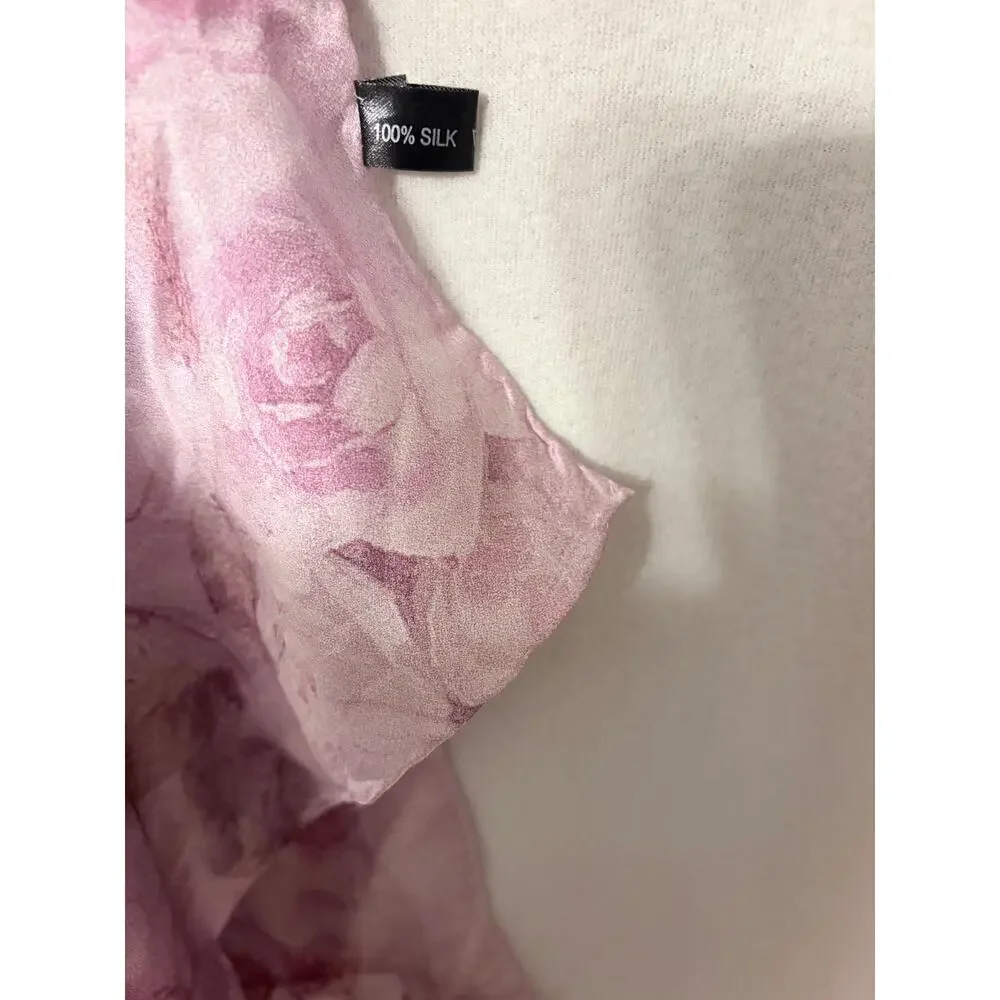 VTG 100% Silk Painterly Floral Bouquet Scarf Pink & White Roses Long Wrap